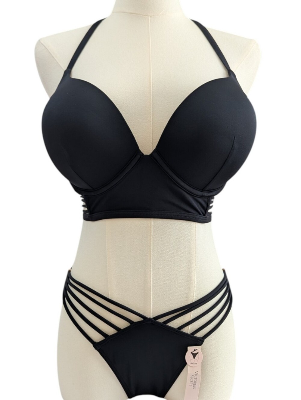 NWT Victoria's Secret Strappy Black Bikini Set Bombshell Push-up Size 34D / S